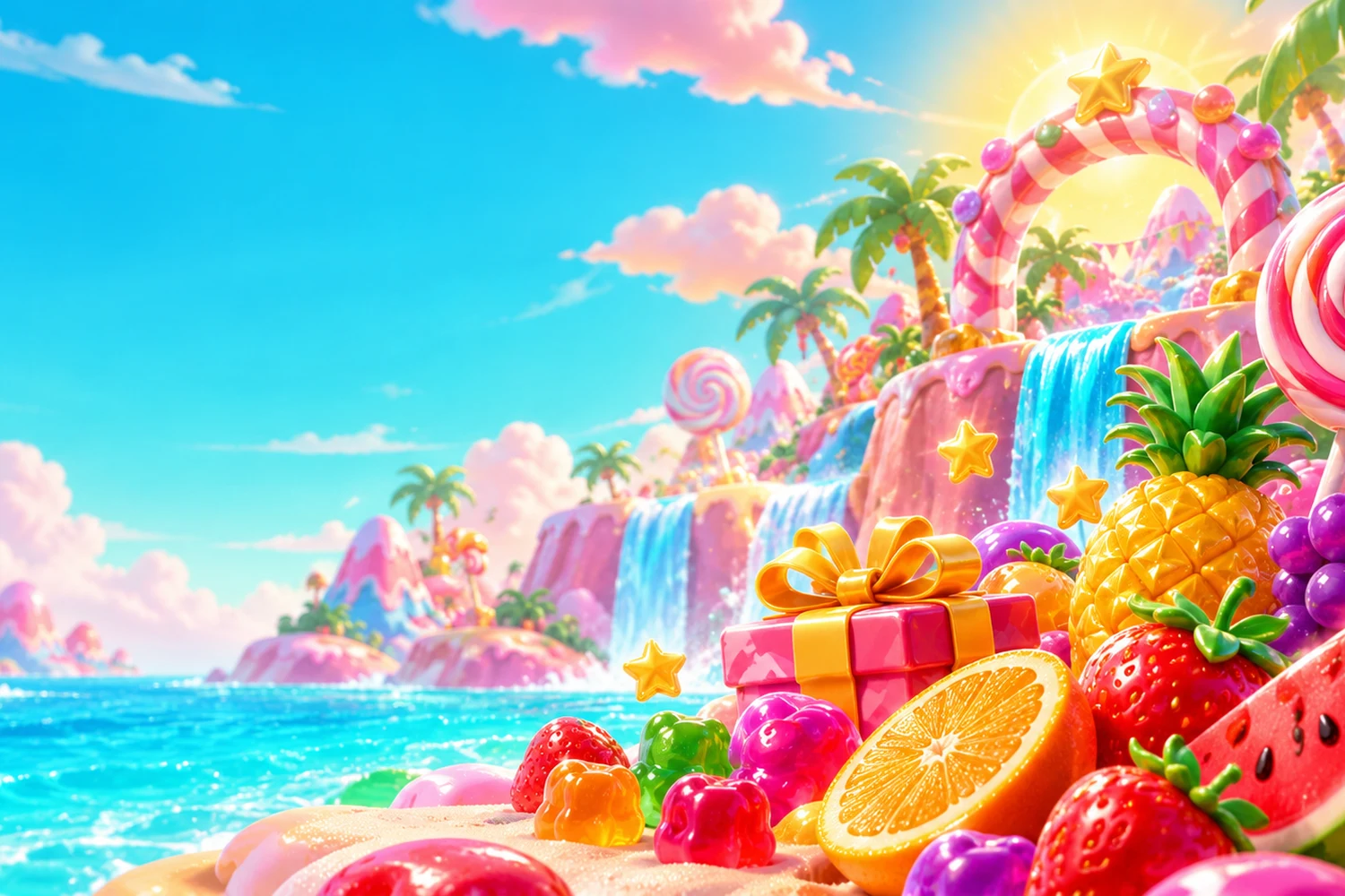 An illustrated candy kingdom filled with glossy sweets and juicy fruit