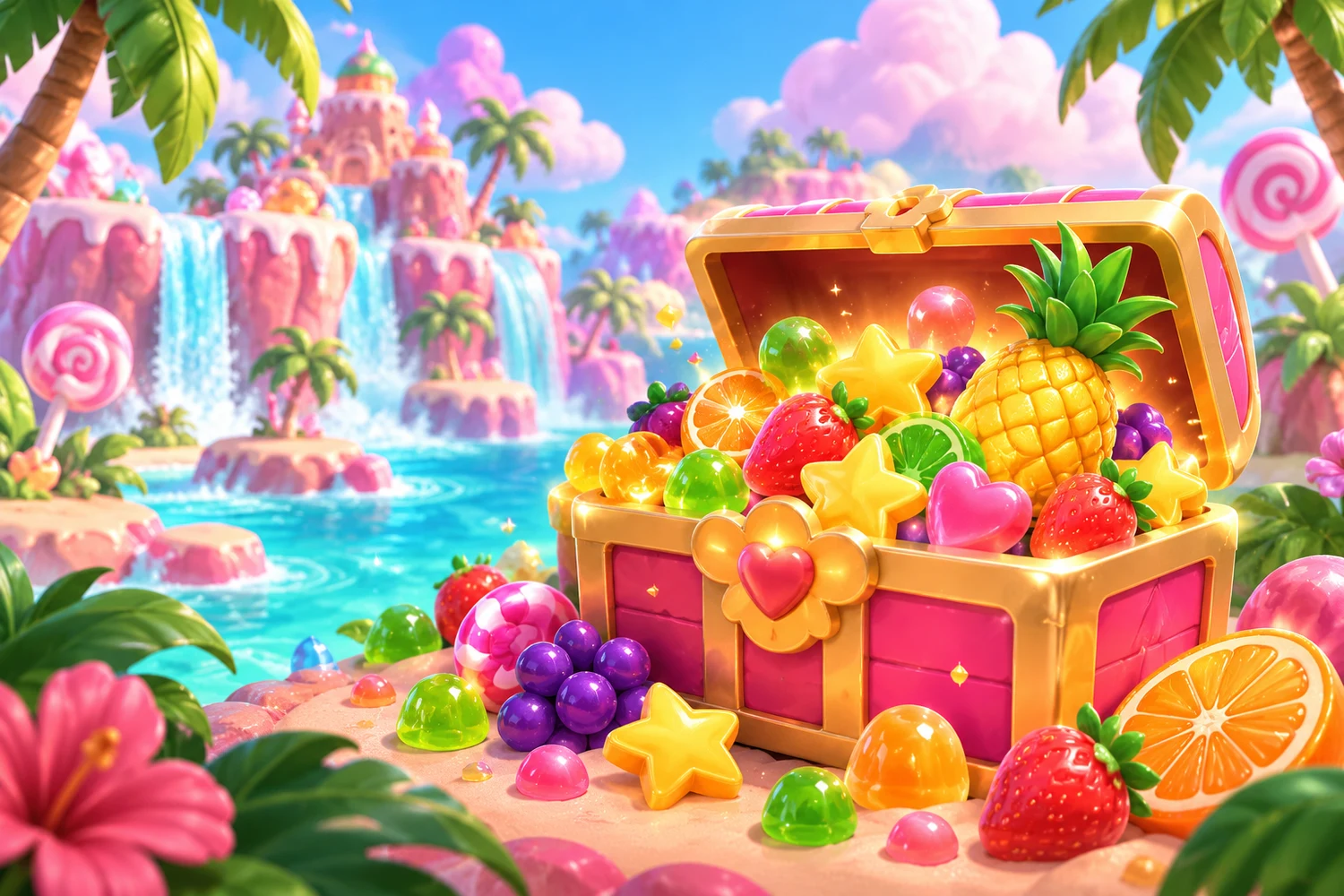 A bright confectionery landscape with fruit, gifts and sugar colours