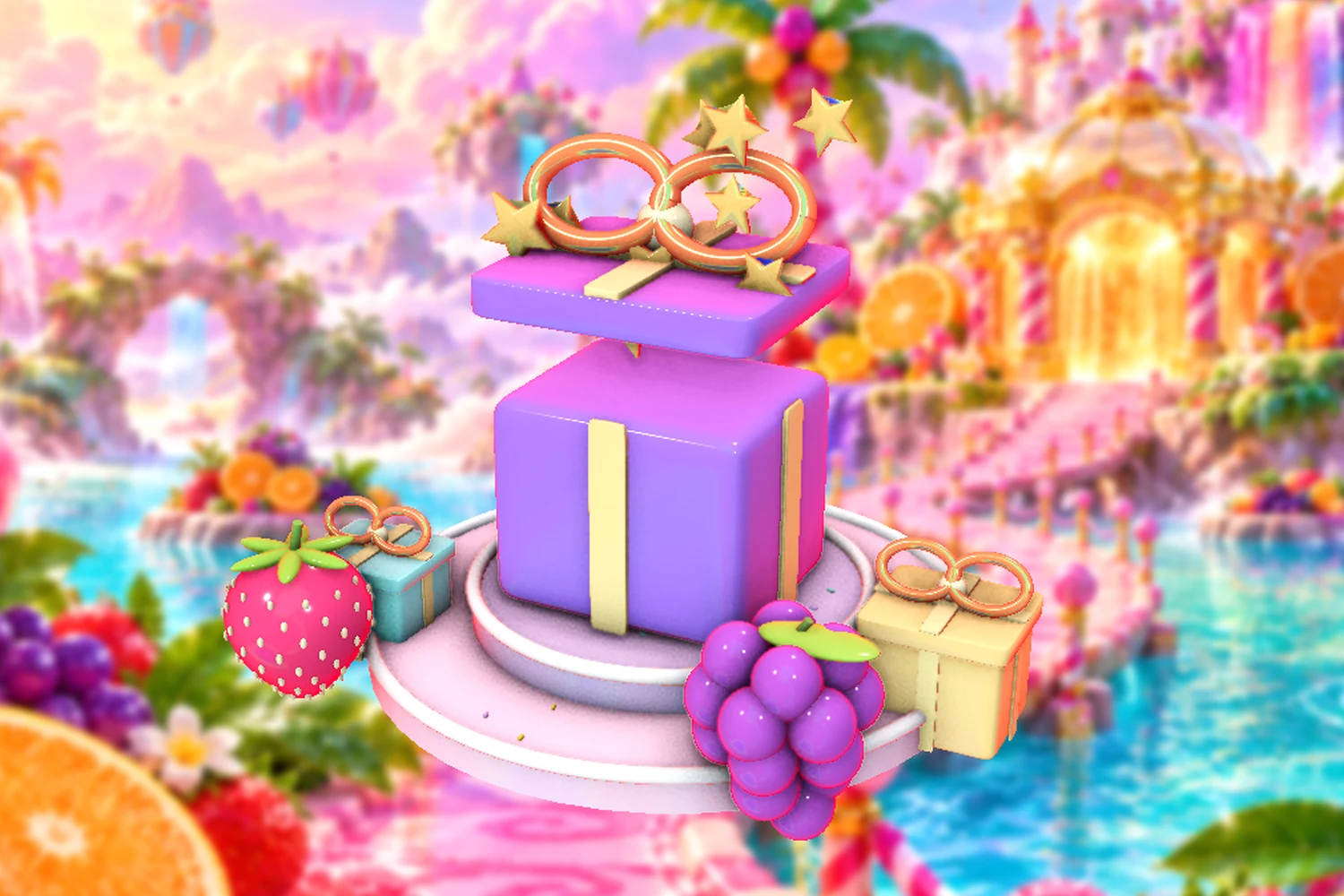 A dimensional candy celebration with wrapped presents and stars