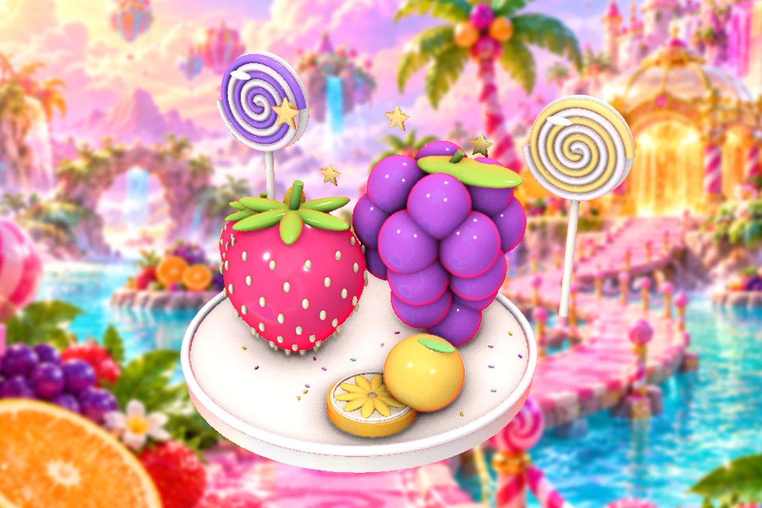 A colourful arrangement of berry sweets and shiny fruit