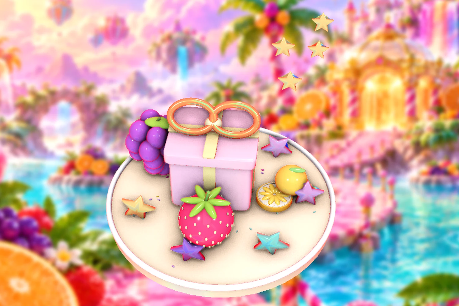 Fruit, bonbons and golden stars around a celebration display